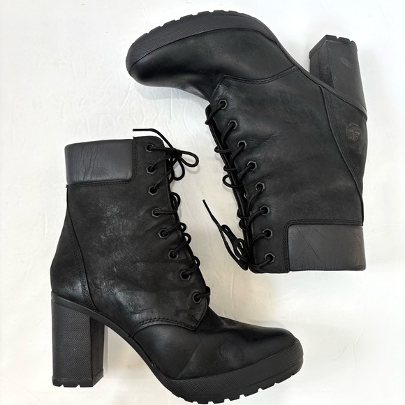 Timberland Allington Mid Lace-Up Block High Heel Black Leather Preppy Boot - Picture 12 of 15
